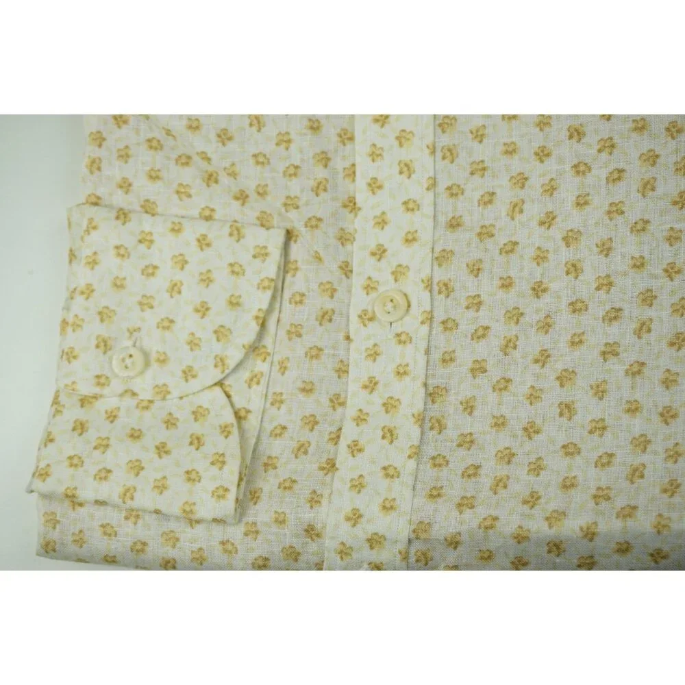 Isaia Napoli White Yellow Floral Long Sleeve Linen Dress Shirt 15.5/39 NEW - Picture 2 of 6
